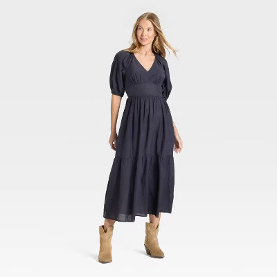 Women's Puff Elbow Sleeve Maxi A-Line Dress - Universal Thread™ Navy Blue XS | Target