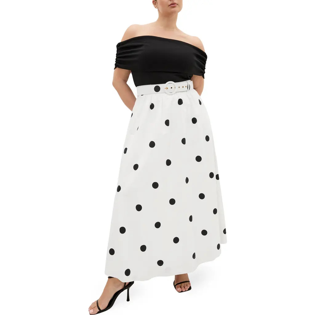 City Chic Anita Mixed Media Off the Shoulder Maxi Dress in Black Polka at Nordstrom, Size Xl | Nordstrom