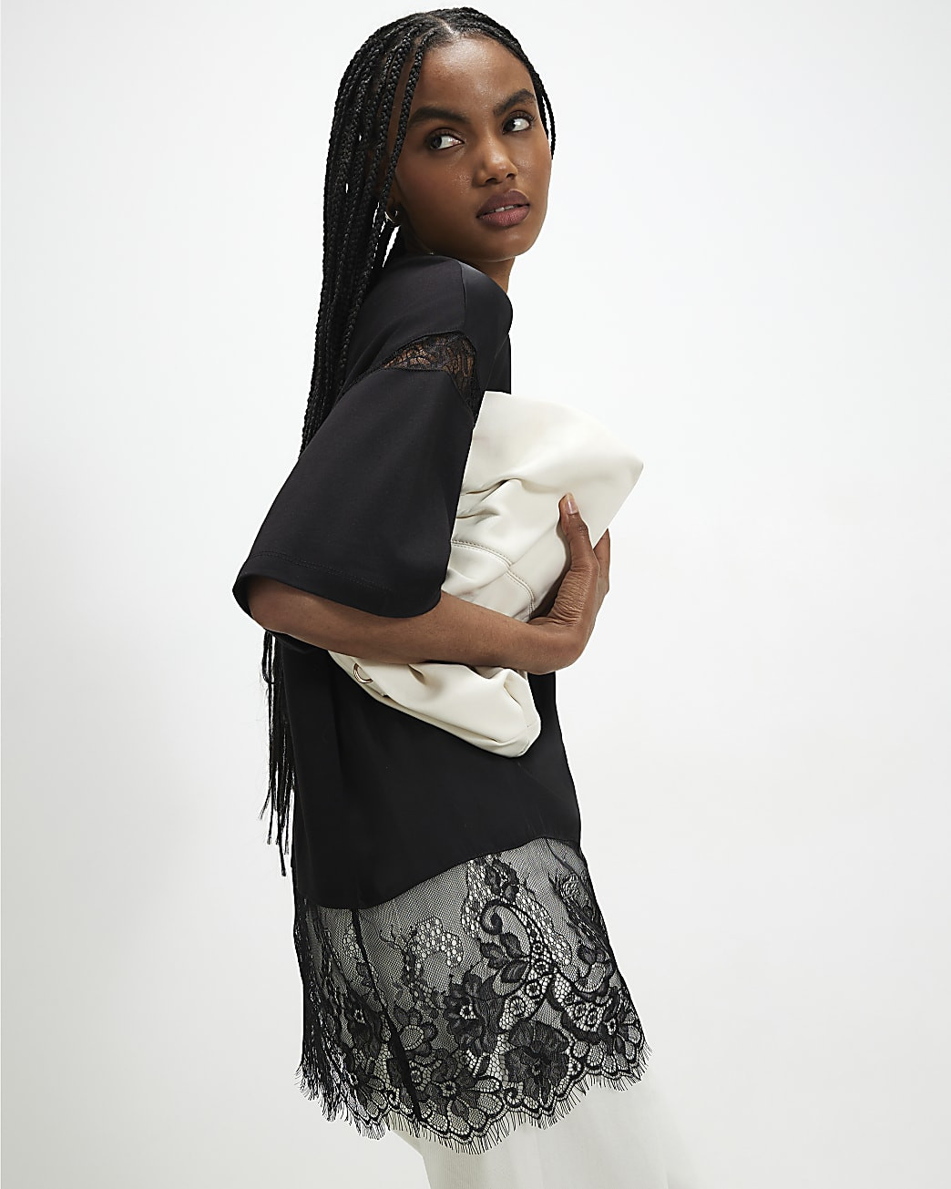 Black Satin Lace Trim Boyfriend Fit T-Shirt | River Island UK & IE