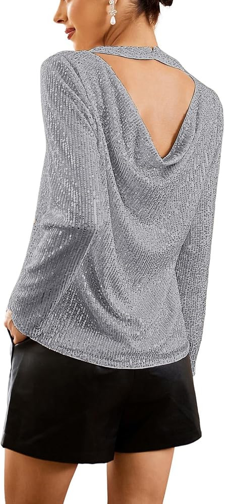 GRACE KARIN Sequin Tops for Women Backless Long Sleeve Sparkly Glitter Tops Crew Neck Draped Back... | Amazon (US)