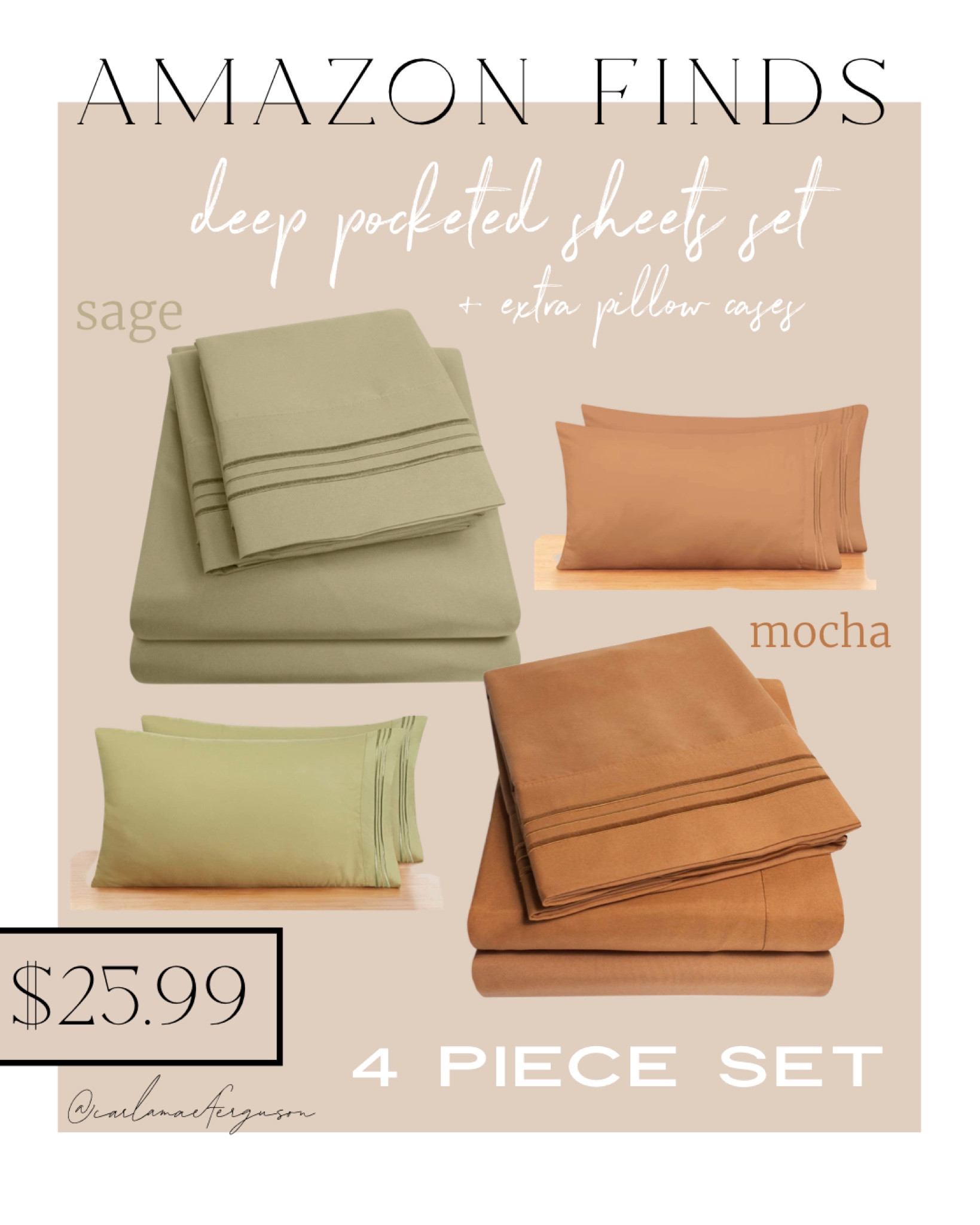 Sooo tired of trying to keep white bedding clean so I went with a new color combo of sage green and mocha! It feels amazing to refresh our bedding and everything is under $30!!!. These are the only sheet sets I’ll order and I love to keep extra nestl pillow case covers around the house in case too. 

Amazon bedding, Amazon sheets set, Amazon finds, Amazon home, spring bedding, green sheets, neutral sheets, camel sheets, mocha sheets, spring home refresh 

#LTKunder50 #LTKstyletip #LTKhome
