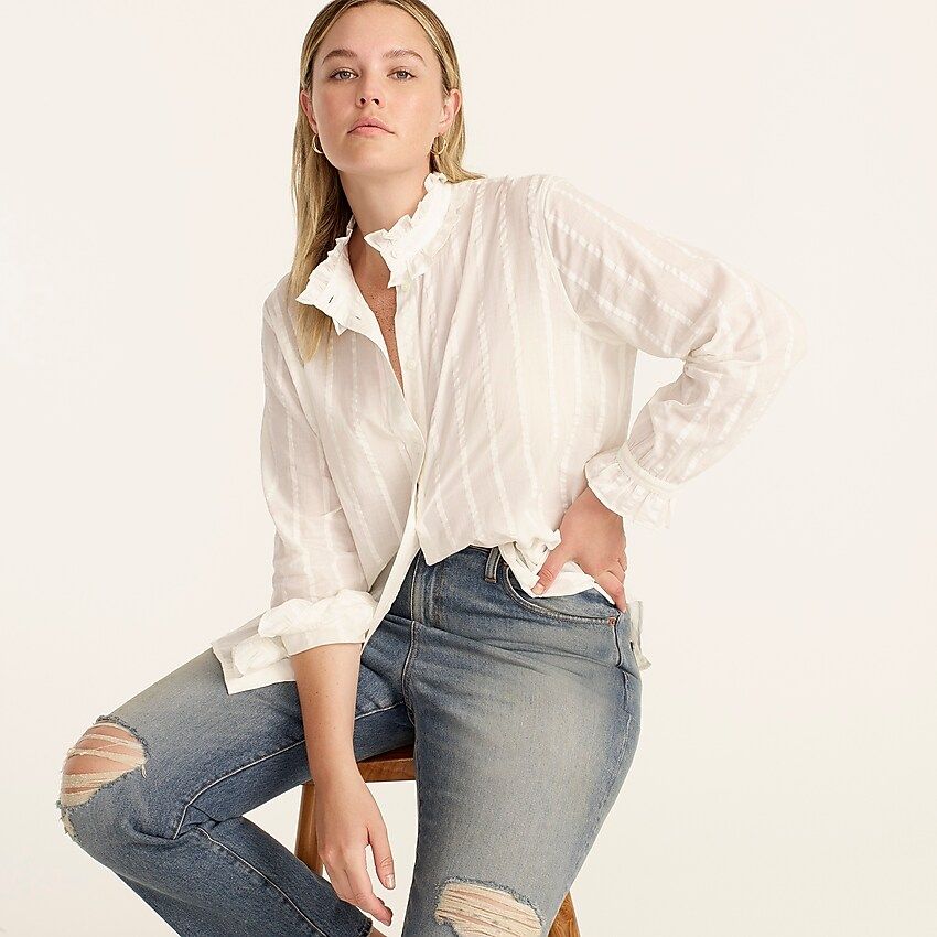 Classic-fit ruffleneck shirt in textured stripe | J.Crew US