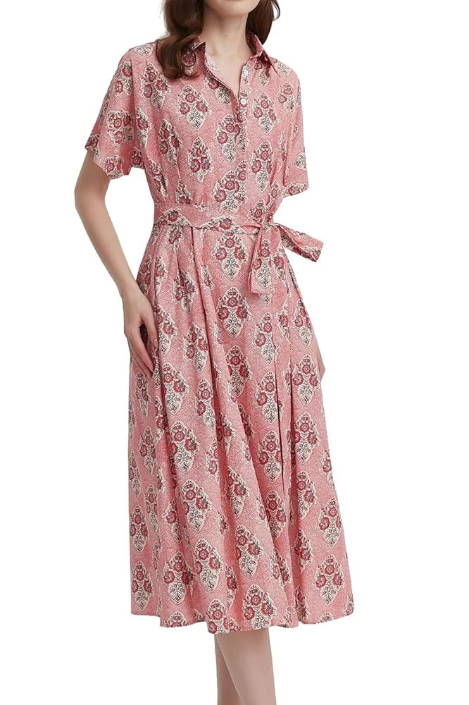 Womens Summer Floral Maxi Dress Short Sleeve V Neck Button Belt Casual Long Flowy Shirt Dress | Amazon (US)