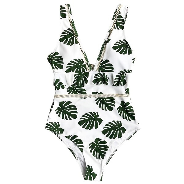 Cupshe Women's Green Leaves Printing Plunging Ruffled One Piece Cutout Swimsuit Beach Swimwear | Bed Bath & Beyond