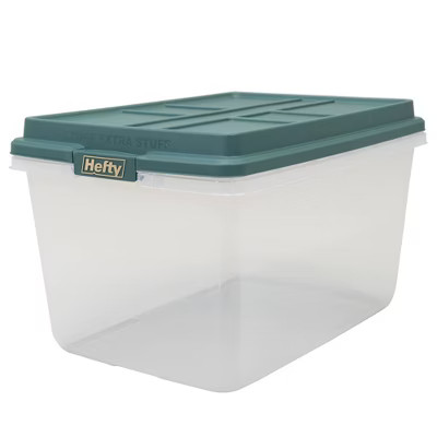 Hefty 72qt Hi-Rise Clear Storage Box Green Lid with Latch and Gold Foil | Target