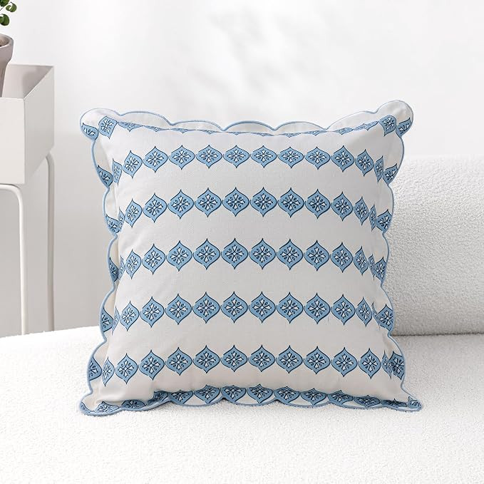 Scalloped Throw Pillow Covers with Block Print Floral Patterns and Hidden Zipper - Sky Tile, 20 x... | Amazon (US)