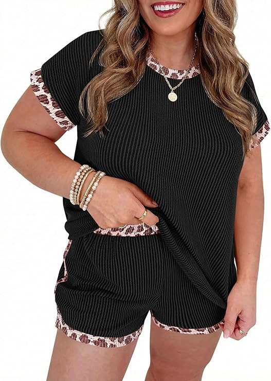 Beautife Womens Plus Size 2 Piece Short Sets Leopard Print Ribbed Knit Short Sleeve Top 2026 Summ... | Amazon (US)