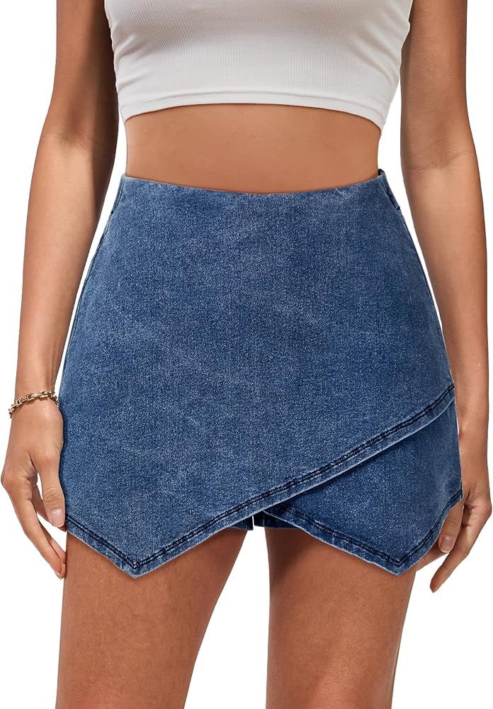 luvamia Jean Skorts for Woman High Waisted Pull On Stretchy Denim Wrap Skirt with Shorts Trendy A... | Amazon (US)