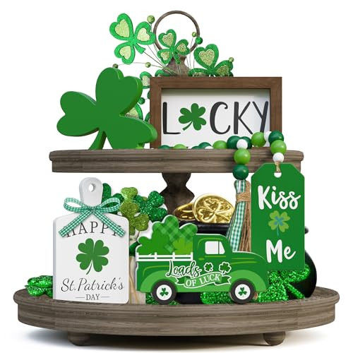 St. Patrick's Day Tiered Tray Decor set - 5 Pcs Shamrock Wooden Signs Lucky Decor Bead Garland, St. Patricks Day Decorations for Home Kitchen Table Party Decorations | Amazon (US)