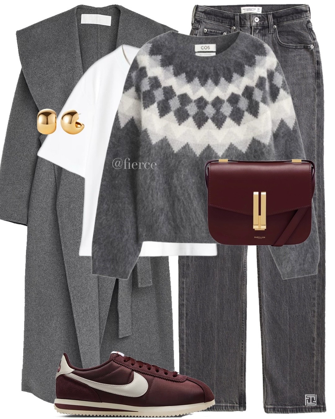 Grey fair isle jumper grey A&F jeans burgundy crossbody bag burgundy nike Cortez casual chic outfit weekend 

#LTKuk #LTKCyberWeek #LTKwinter
