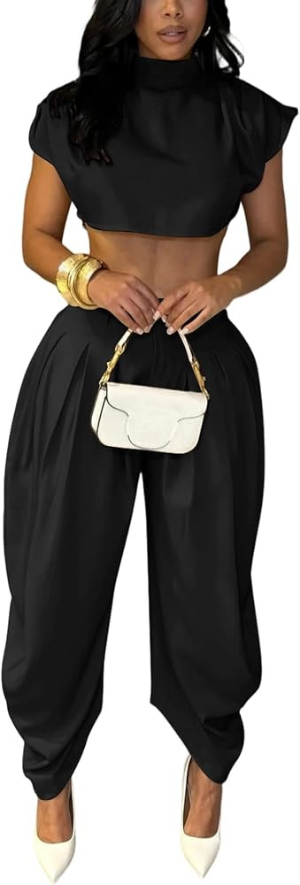 Ekaliy Womens Casual 2 Piece Outfits Cap Sleeve Crop Top Palazzo Pants Set | Amazon (US)