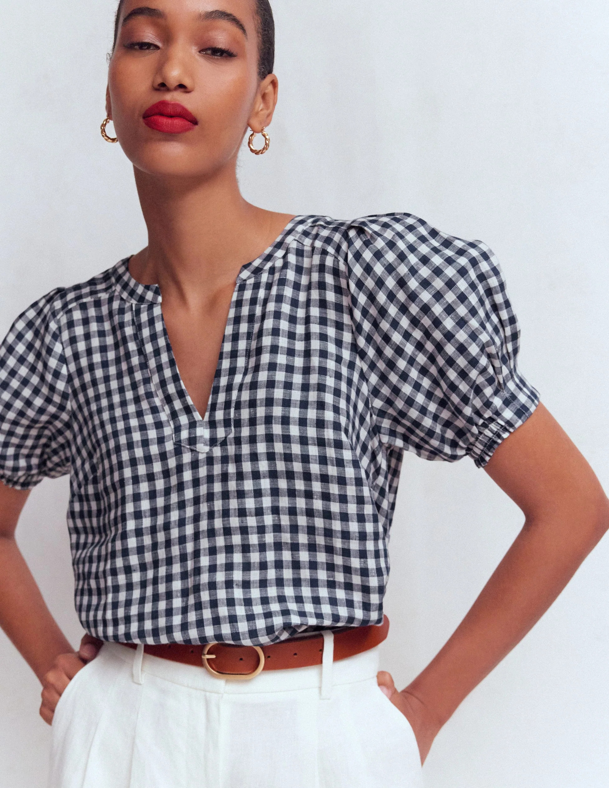 Rae Linen Top-Navy Gingham | Boden (US)