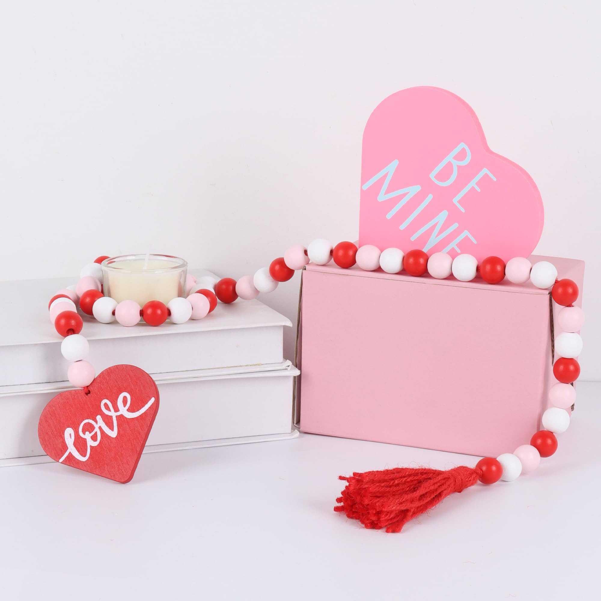 Valentine's Day Wood Beaded Garland with Tassel, Valentines Day Decor Farmhouse Rustic Beads Garl... | Amazon (US)