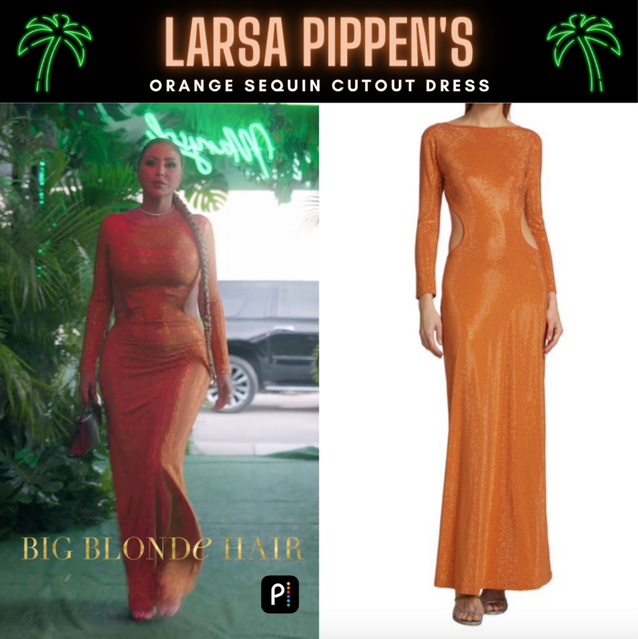 Orange Crush // Get Details On Larsa Pippen’s Orange Sequin  Cutout Dress With The Link In Our Bio #RHOM #LarsaPippen 