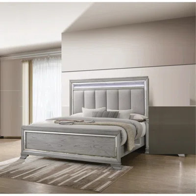 Modern Glam Style Upholstered Headboard LED Light Silver Strip Inlay Edges Light Gray Finish 1Pc King Size Bed Wooden Bedroom Furniture | Wayfair North America