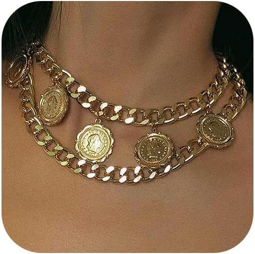 Jovono Chunky Choker Necklace Gold Coin Pendant Necklaces Thick Cuban Link Chain Punk Jewelry for... | Amazon (US)