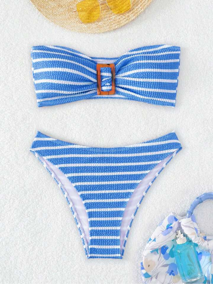 SHEIN Swim Summer Beach Striped Buckle Detail Bandeau Bikini Set | SHEIN