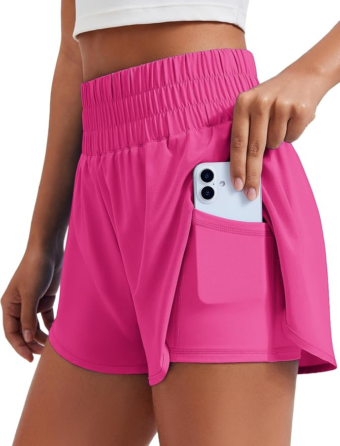 PINSPARK Women's 2 in 1 Running Shorts High-Split Athletic Short High Waisted 3" Liner Workout Gy... | Amazon (US)