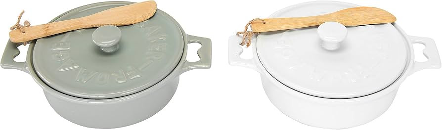Creative Co-Op Farmhouse Round Lidded Stoneware Brie Bakers with Wood Spreaders, White and Mint G... | Amazon (US)