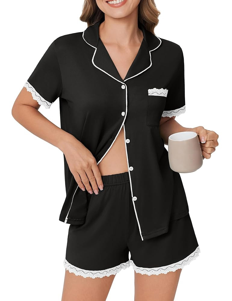 Ekouaer Womens Short Sleeve Pajamas Set Soft Sleepwear Button Down Lounge Set Lace Top and Shorts... | Amazon (US)