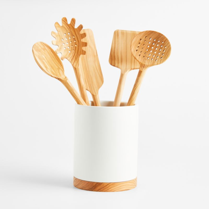 Crate & Barrel Olivewood Utensils with Holder, Set of 6 | Crate & Barrel | Crate & Barrel