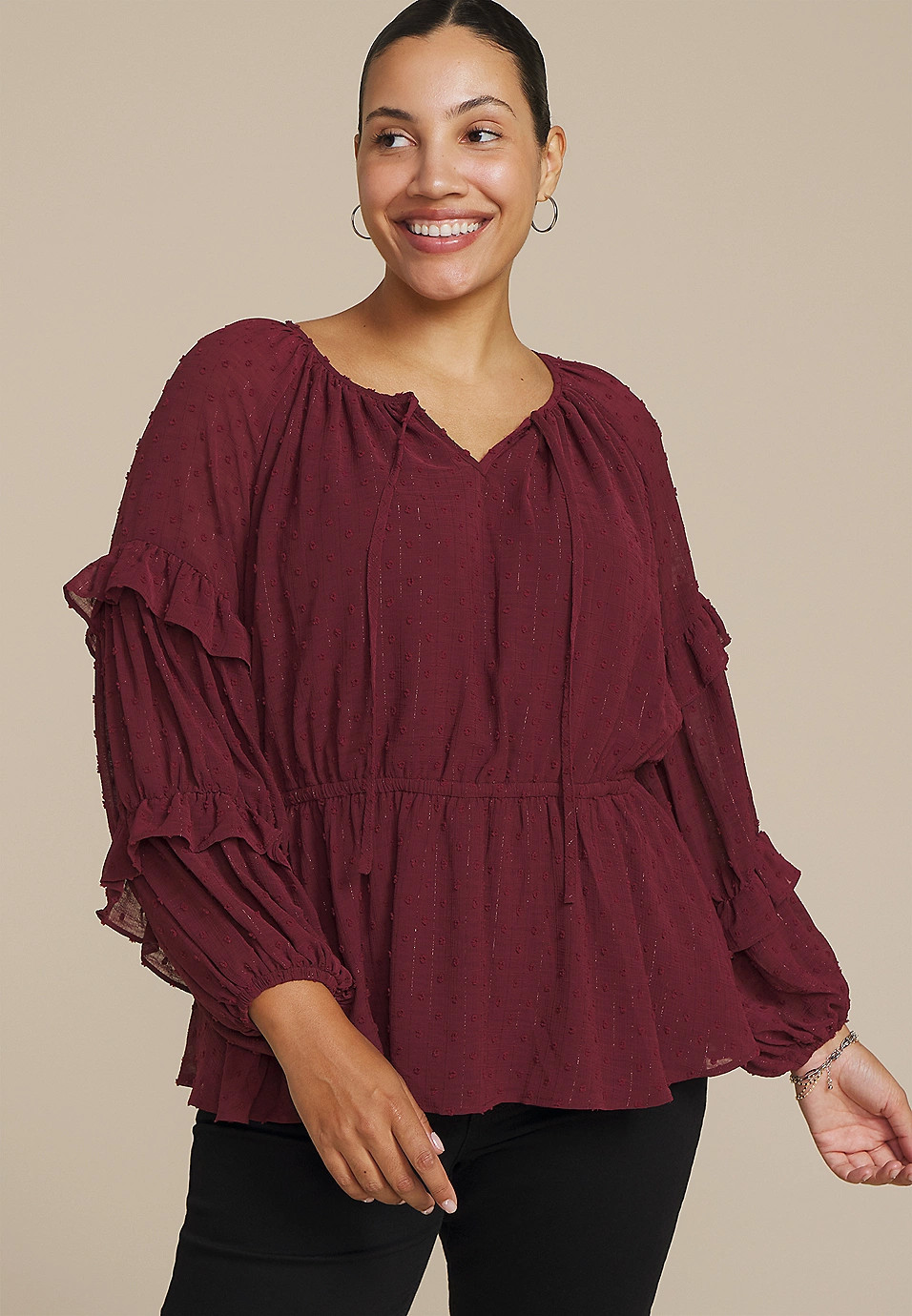 Plus Size Clip Dot Long Sleeve Peplum Blouse | Maurices