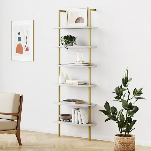 Nathan James Theo 6-Shelf Tall Bookcase Wall Mount Bookshelf White Wood with Gold Brass Metal Fra... | Walmart (US)