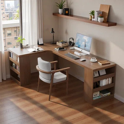 Modern L-Shaped Solid Wood Desk with Shelves | Wayfair North America