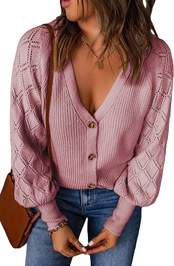 KIRUNDO Women's Long Sleeve V Neck Open Front Cardigan Button Down Soft Ribbed Knitted Cardigan S... | Amazon (US)