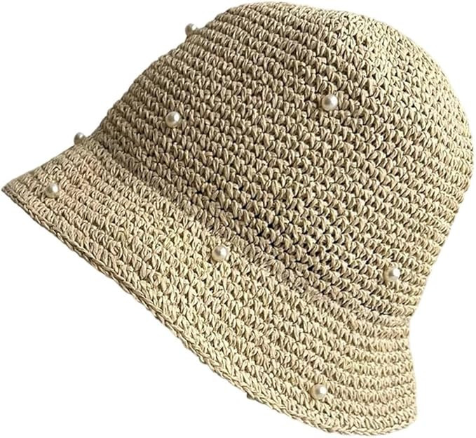 Women Korean Style Handmade Straw Sun Hat Pearls Travel Beach Fisherman Cap | Amazon (US)