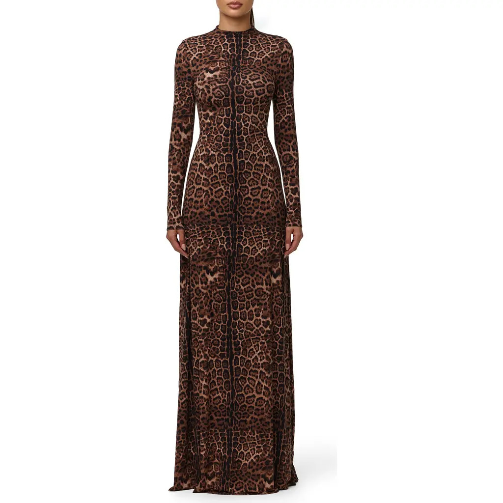 Naked Wardrobe Leopard Print Long Sleeve Maxi Dress in Brown Leopard at Nordstrom, Size Small | Nordstrom