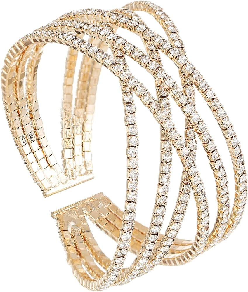 Sparkly Multi-layer Cross Rhinestone Crystal Cuff Bracelet Bangle for Women Costume Jewelry Forma... | Amazon (US)
