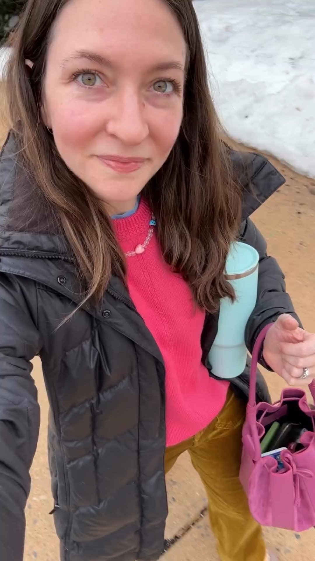 Color Combinations That Work: bright pink, golden mustard, & light blue. I grounded the bold colors with neutral, mocha colored flats & added a bag in a different shade of pink. Color is such an easy way to add personality to your look & adding different textures, like velvet pants, a suede bag, & leather shoes, adds depth. If you’re feeling hesitant to add color to your look, start with an accessory in your favorite color & pair with other neutral pieces!