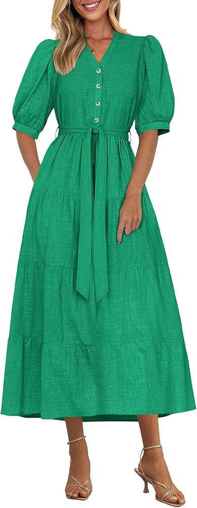 PRETTYGARDEN Women's Midi Dress 2025 Summer Casual Short Sleeve V Neck Buttons Belted Ruffle A Li... | Amazon (US)