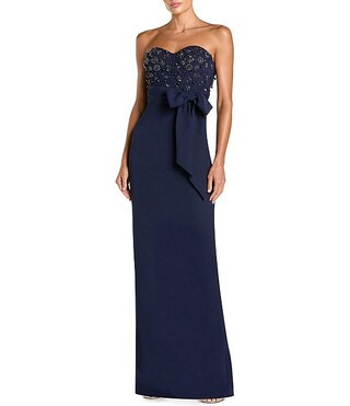 Crepe Embellished Bustier Bow Strapless Long Gown | Dillard's