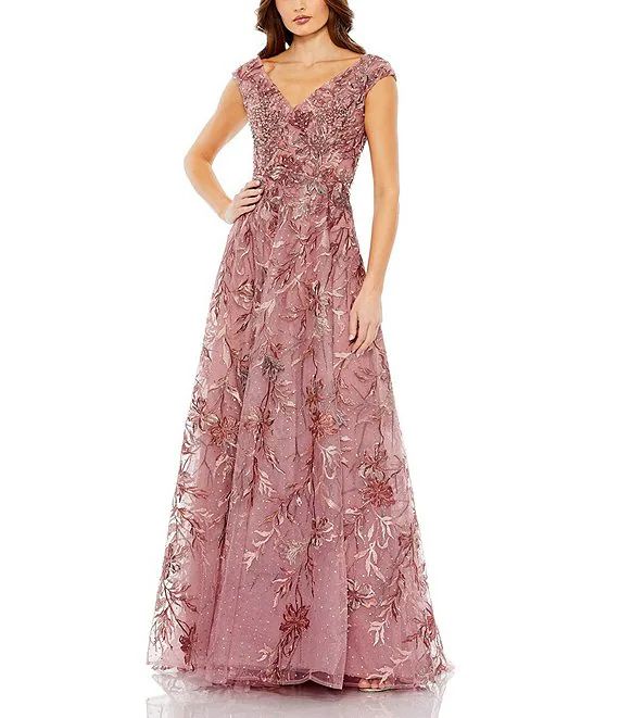 Floral Embroidered V-Neck Sleeveless A-Line Gown | Dillard's