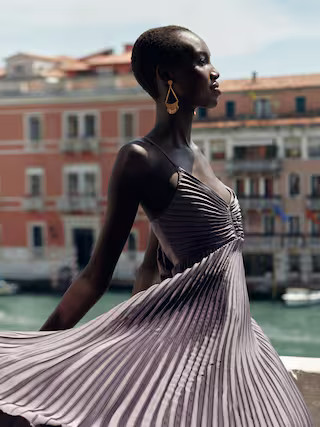 Solaire Pleated Midi Dress | Banana Republic Factory