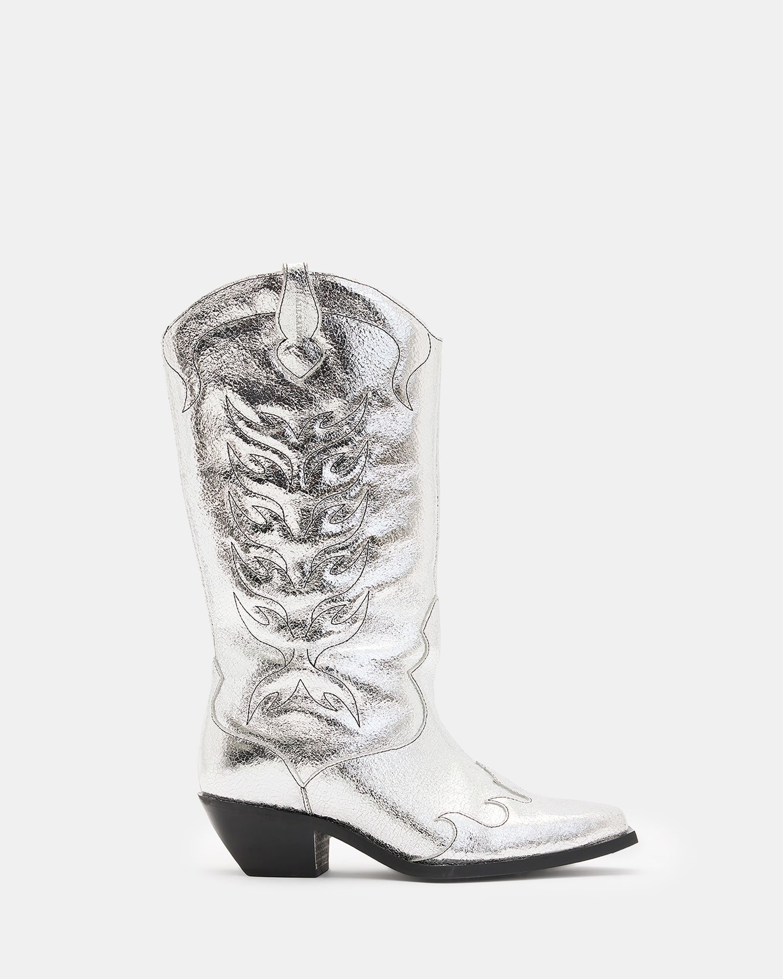 Dolly Western Metallic Leather Boots Metallic Silver | ALLSAINTS | AllSaints UK