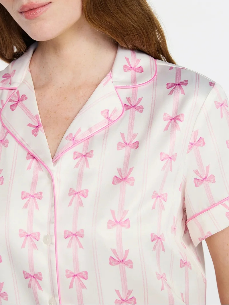 Joyspun Women’s Stretch Satin Short Sleeve Top and Shorts Pajama Set, Sizes XS-3X | Walmart (US)