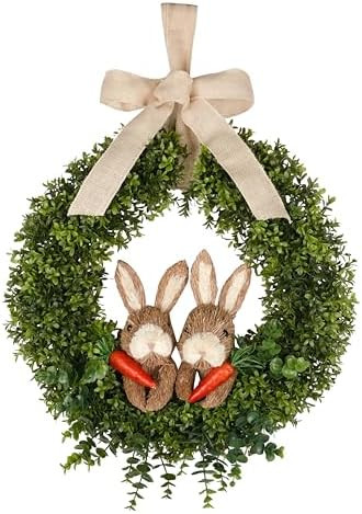 22' Spring Easter Wreath - Artificial Green Boxwood Wreath with Burlap Bow & Sisal Bunnies - Door... | Amazon (US)