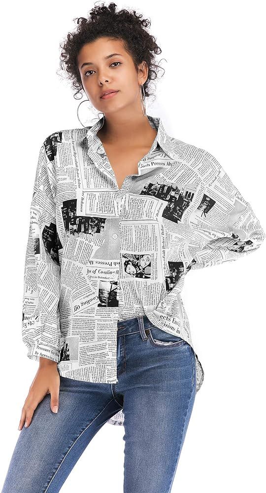 Womens Newspaper Print Lapel Shirts Long Sleeve Button Up Casual Loose Blouse Tops | Amazon (US)