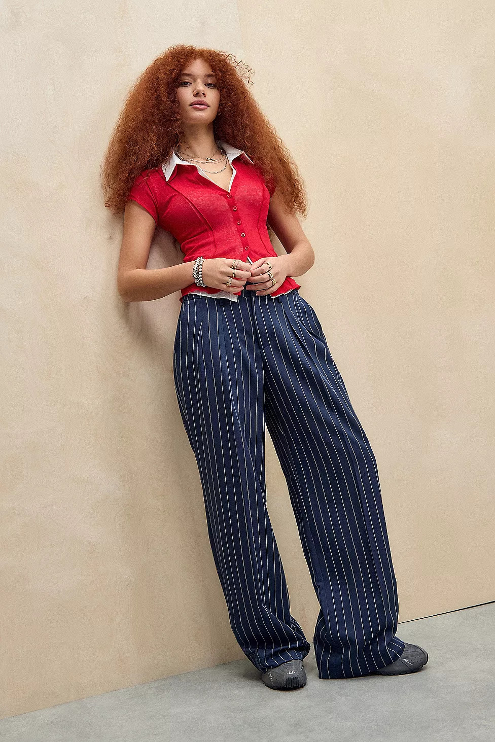 Archive At UO Ash Pinstripe Low Rise Trousers | Urban Outfitters UK