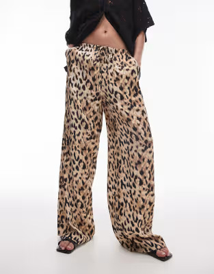 Topshop leopard printed satin straight leg tie waist trouser in light leopard | ASOS (Global)