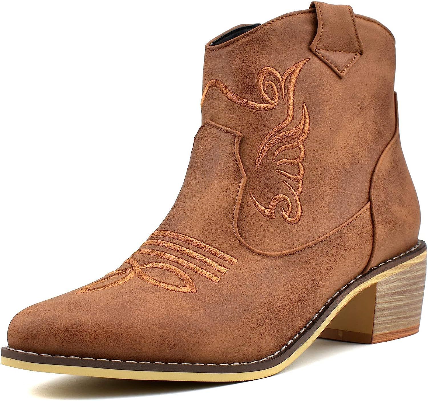 100FIXEO Women Chunky Mid Heel Zip Up Western Cowboy Ankle Boots Comfort Booties | Amazon (US)