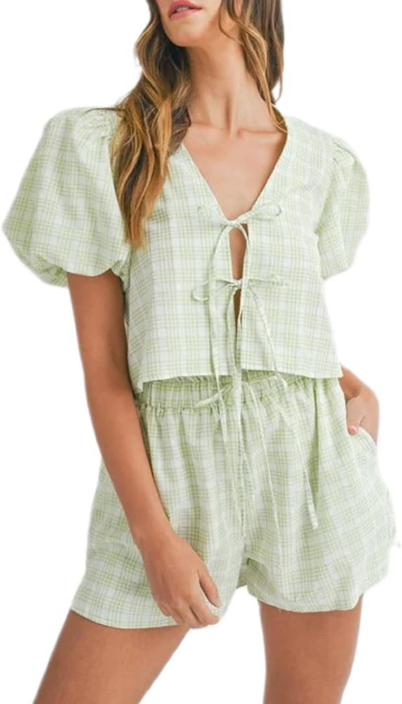 Women Plaid 2 Piece Pajama Shorts Set Tie Front Puff Sleeve Babydoll Shirt Gingham Shorts Pj Set ... | Amazon (US)