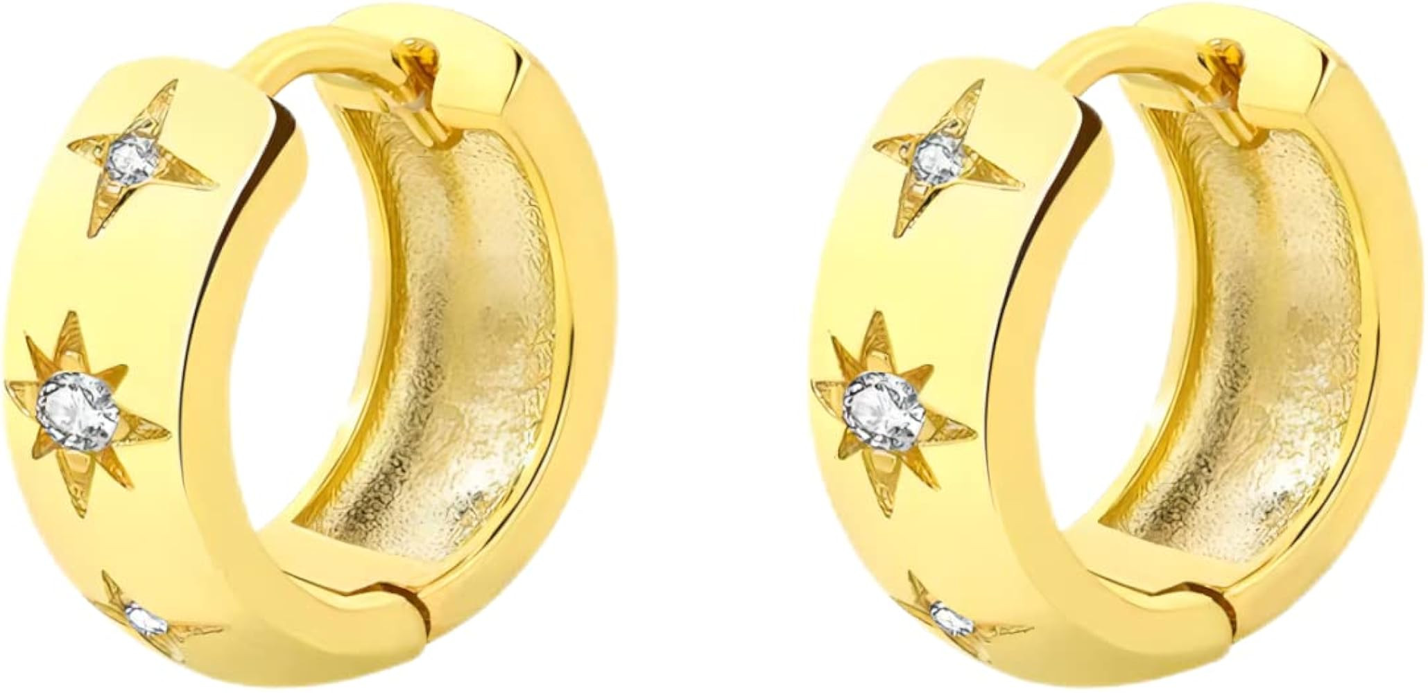 HUARJO 14K Gold Plated Sterling Silver Post Small Chunky Gold Hoop Earrings,Diamond Studded Huggi... | Amazon (US)