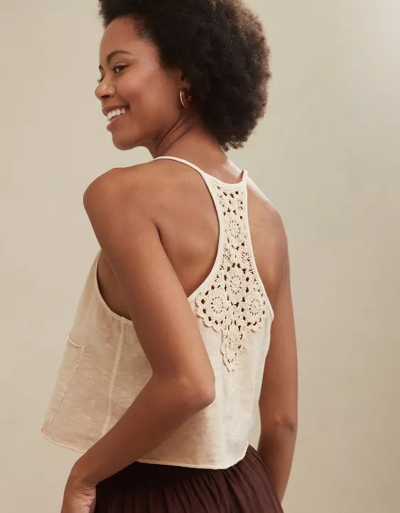 Aerie Summer House Crochet Back Cropped Tank Top | Aerie