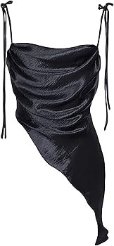 LCHLINY Women's Asymmetrical Hem Satin Tank Tops Spaghetti Strap Ruched Cowl Neck Crop Top | Amazon (US)