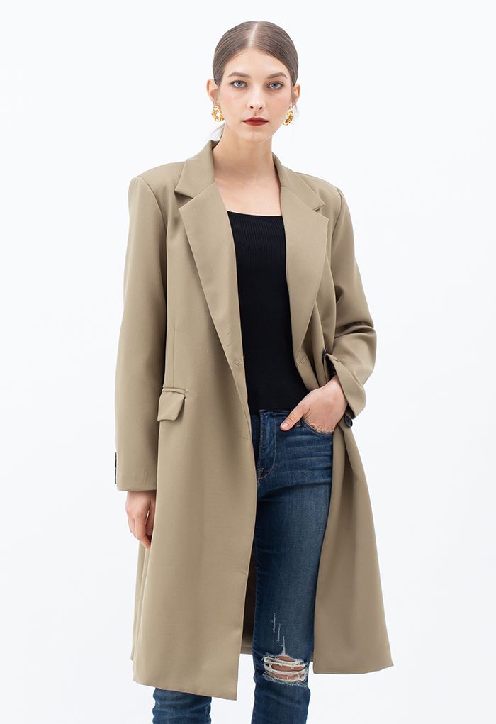 Single-Breasted Pocket Longline Coat in Tan | Chicwish