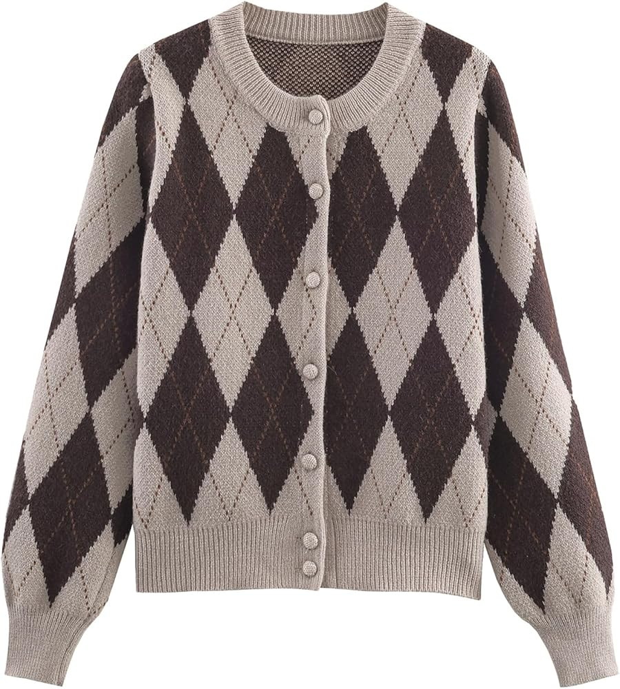 KEOMUD Argyle Sweater Women Vintage Knit Cardigan Sweater Long Sleeve Button Down Soft Outwear fo... | Amazon (US)